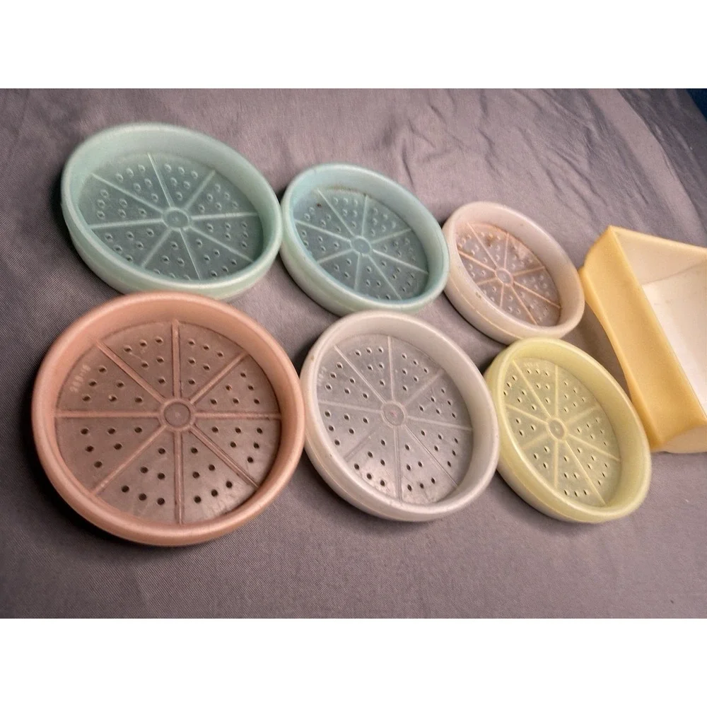 Vintage Tupperware Wagon Wheel Coasters with Holder Set of 6 - Pastel Colors